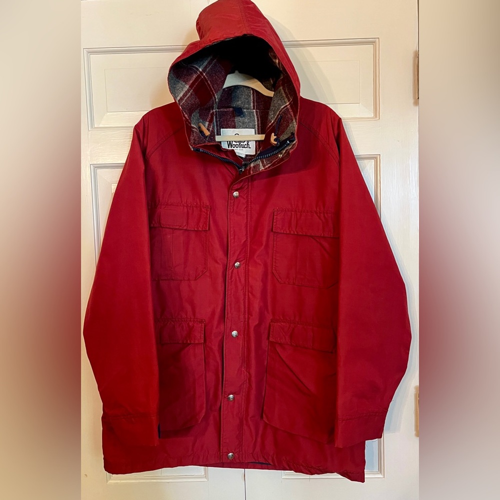 Vintage Woolrich Hooded Parka Barn Jacket Red Plaid Wool Lined Made in USA Sz L